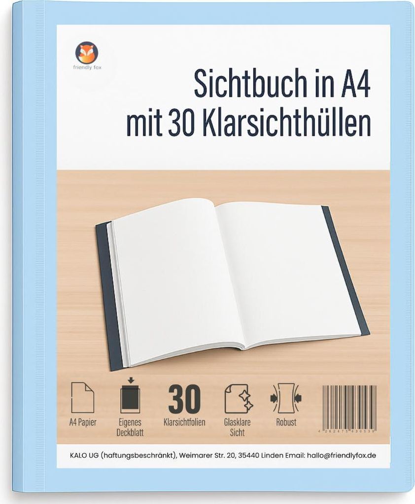 Friendly Fox Sichtbuch A4 mit Klarsichthüllen, Präsentationsmappe mit 30 Klarsichtfolien für 60 Sichten, Urkunden- oder Zeugnismappe, blau