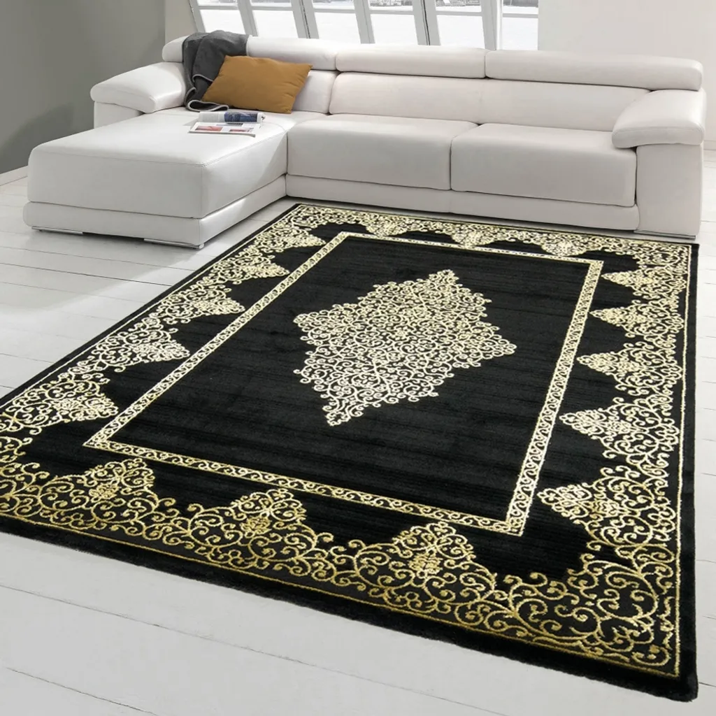 Tapis Moderne Court Ornements Noir Or 60x110 - Tapis Poils Ras Salon