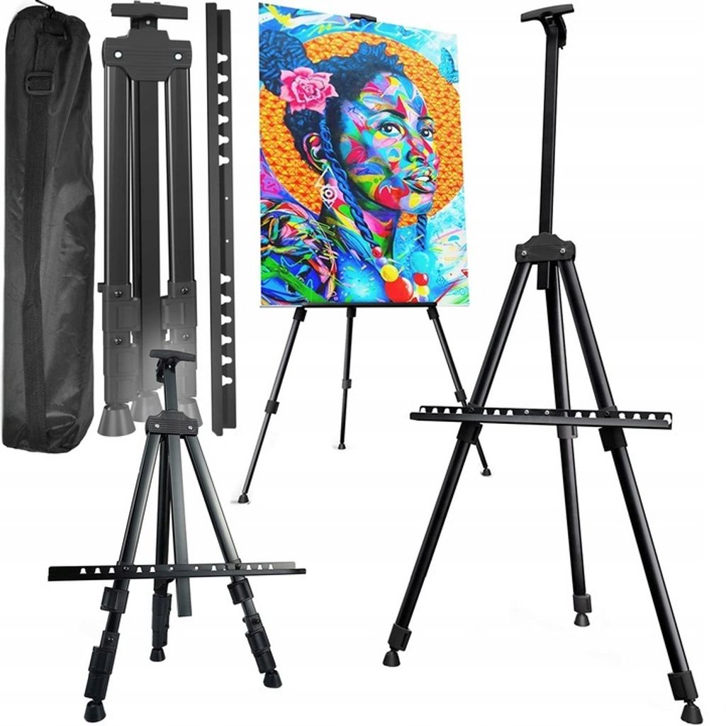 Two black easels are shown, one with a colorful painting on it, and a black carrying bag.