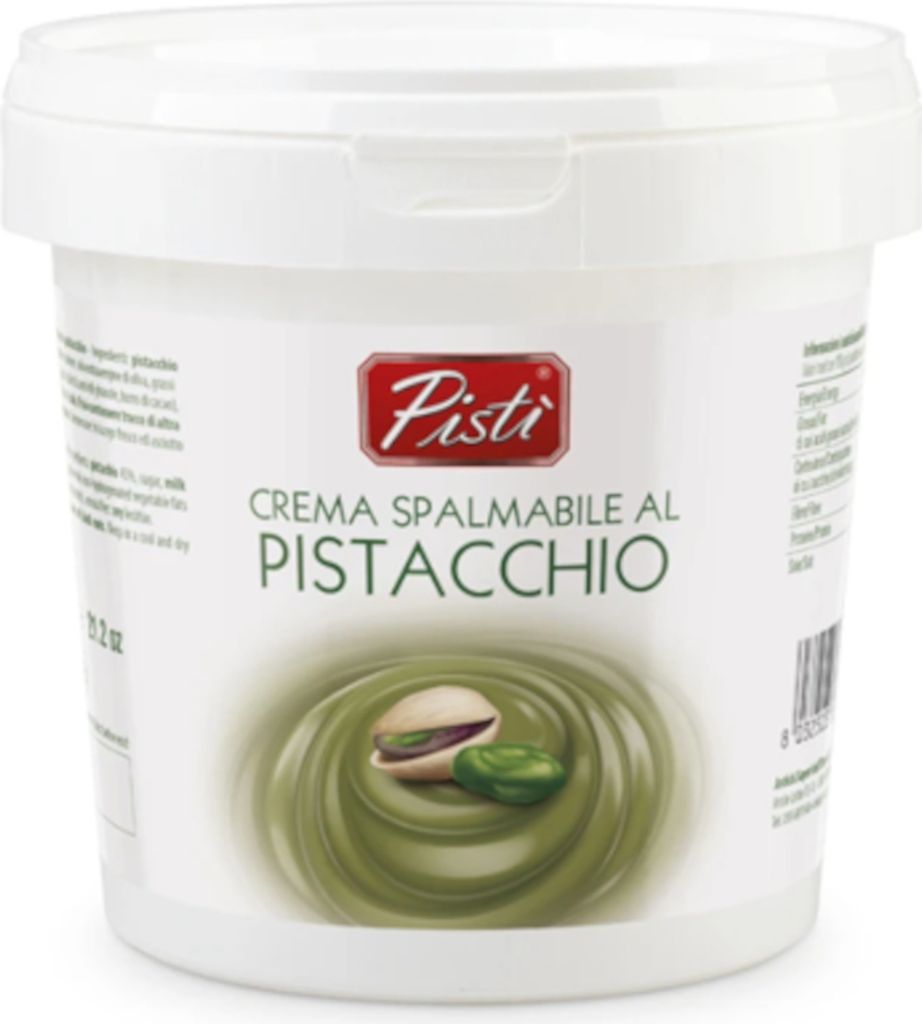 A white tub of pistachio cream spread.