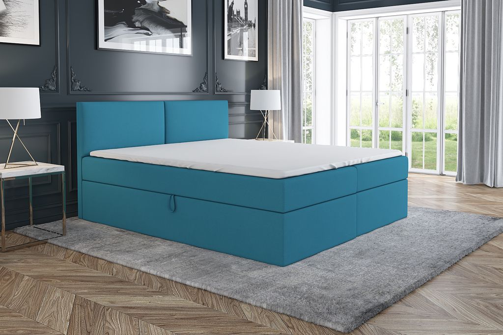 Boxspringbett UNN 160 x 200 mit 2 Bettkästen, Bonell-Matratze und Topper. Farbe: Blau