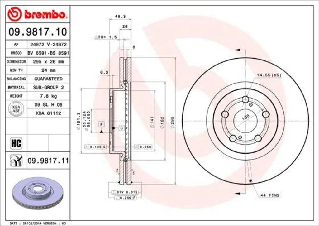 Disques de frein avant Brembo pour Toyota Avensis 09.9817.11 4351205050 T25