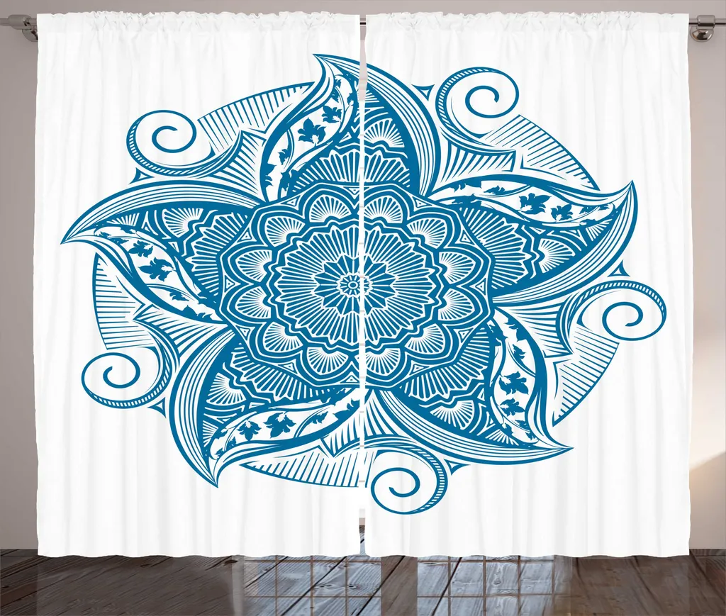 Paire de Rideaux de Salon 280 x 225 cm Imprimé Mandala Bleu et Blanc Pro