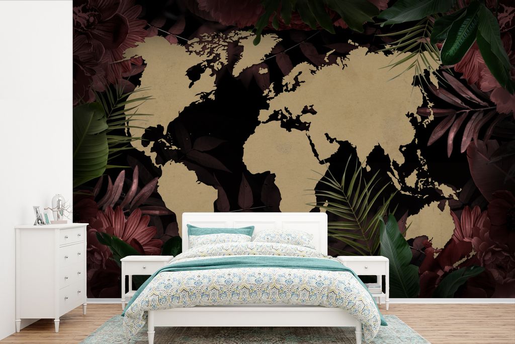 MuchoWow Fototapete für Wohnzimmer oder Schlafzimmer Wandtapete Vinyl Motivtapete Weltkarte - Tropische Pflanzen - Braun - 330x220 cm - Fototapeten