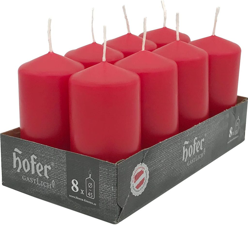 HOFER Säulenkerzen 8 Stück Ø 4,5 x 9 cm – Rote Zylindrische Dekokerzen – 15h Brenndauer – Tropffrei, Ohne Duft