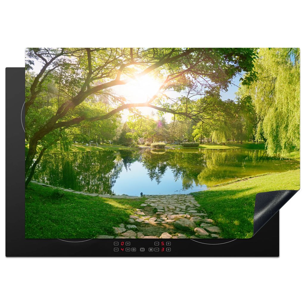 KitchenYeah Herdabdeckplatte Bäume - See - Sonne - Gras - Natur , 75x52cm, Küche Deko, Glaskeramikkochfeld Herdabdeckung, Abdeckplatte fùr Koc...