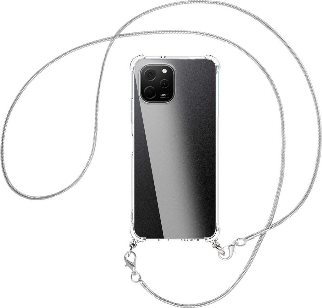 Handykette Backcover-Schutzhülle mit Band (Metall silberfarben) für Huawei nova Y61 (EVE-LX9,LX3) - silberfarbene Snake-Kette