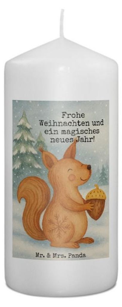 Mr. & Mrs. Panda Kerze Eichhörnchen Weihnachten Design 15 x 7 cm - Weiß - Geschenk, Blockkerze, Frohe, Wachskerze, Erinnerungslicht, Erinnerungsk...