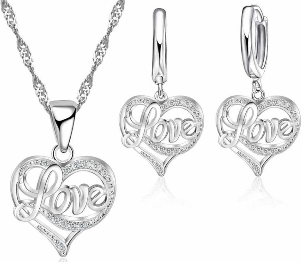 Schmuckset Herz Love - Halskette & Ohrringe Silber Herz Kristall Damen Kette