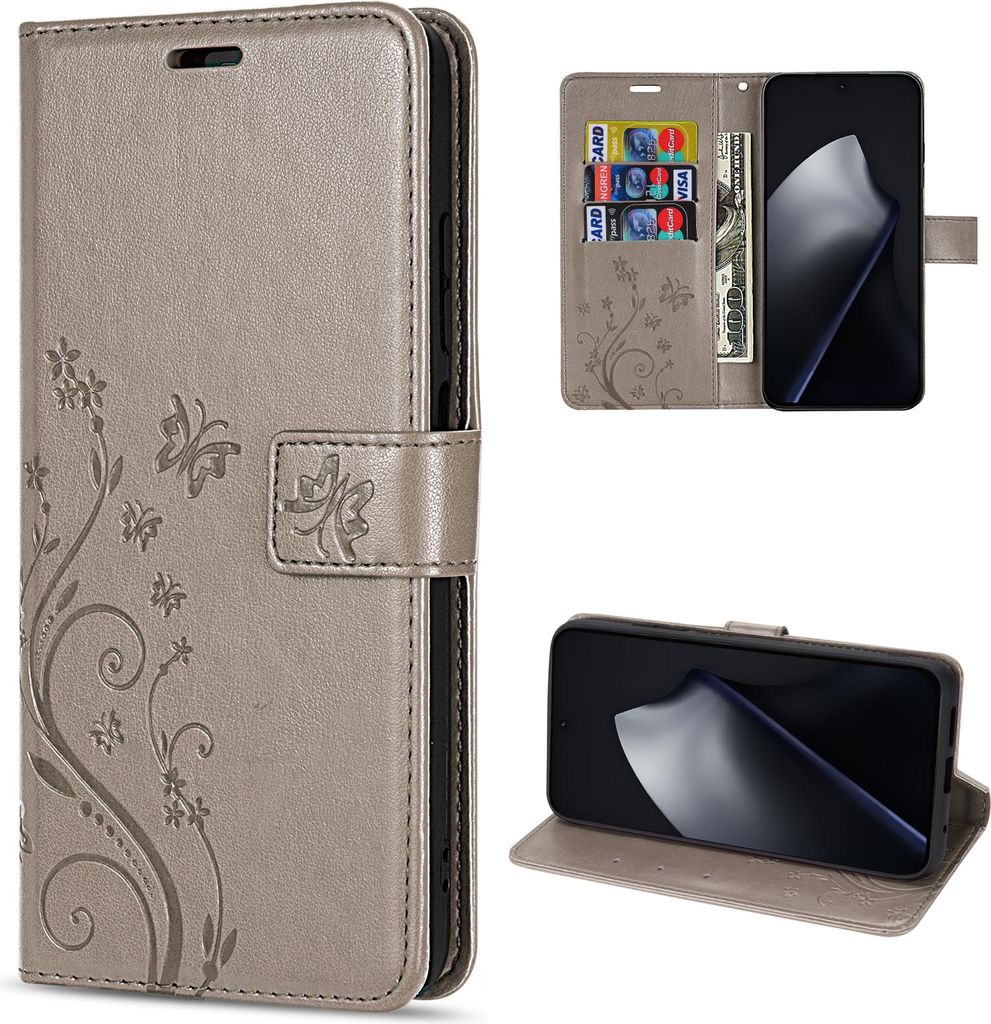 A collage of images showing a gray flip wallet phone case with a floral and butterfly design, including shots of the case open with credit cards and cash, and the case in a stand position.