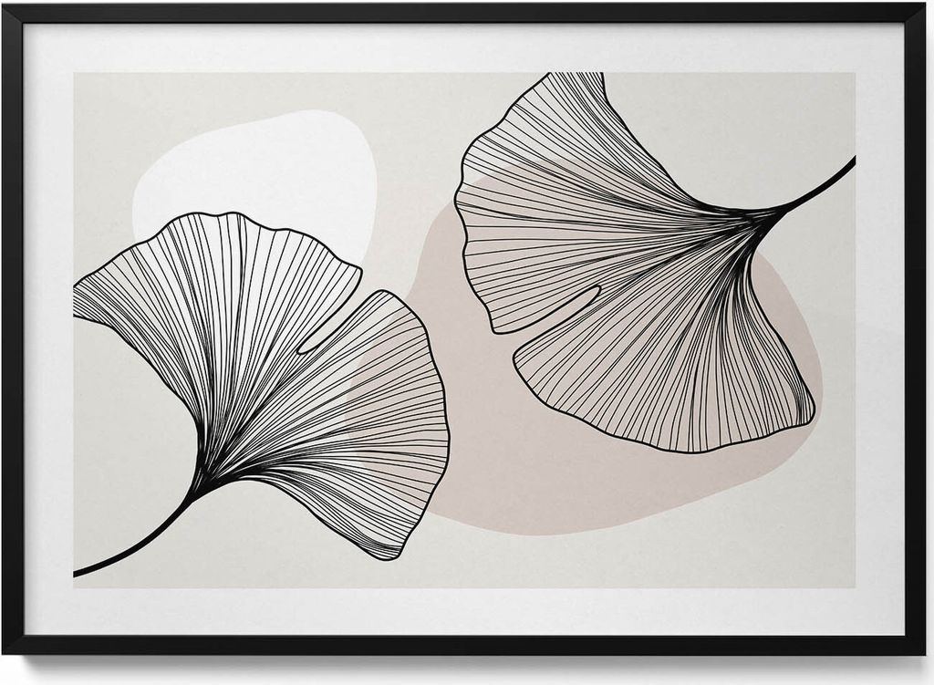 Lineare Ginkgoblätter im Boho-Stil– Wandbild mit Rahmen – Gerahmtes Bild – Wanddekoration – 100x70 cm – Schwarz Rahmen