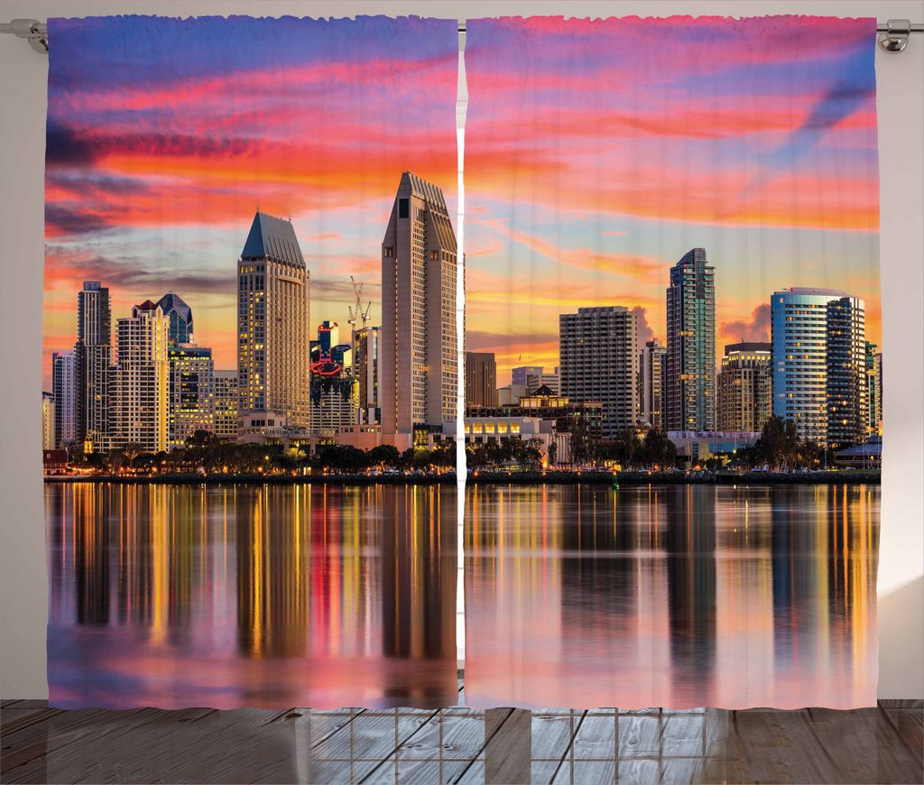 ABAKUHAUS San Diego Rustikaler Vorhang, USA Downtown at Sunset, Wohnzimmer Universalband Gardinen mit Schlaufen und Haken, 280 x 245 cm, Mehrfarbig