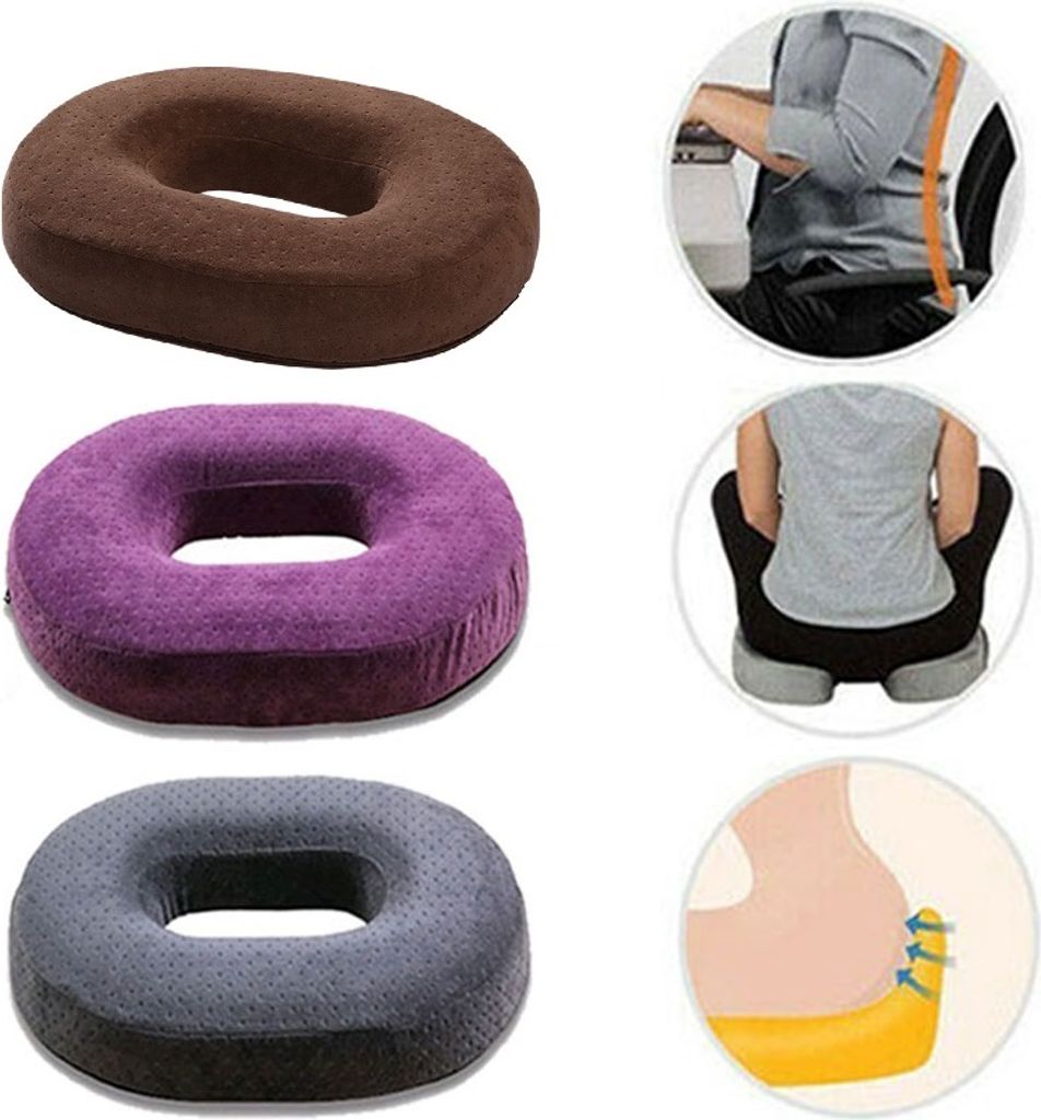 A collage of donut-shaped seat cushions in different colors and images showing how they are used.