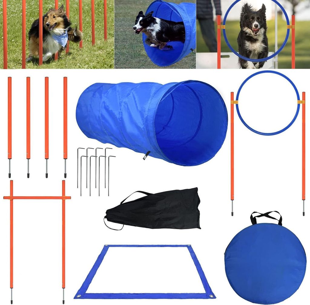 NAIZY Agility Set Hunde, Agility-Ausrüstung für Hunde, Pet Agility Trainingsgeräten, Haustier-Trainingsset mit Hundetunnel Slalomstangen Einstel...