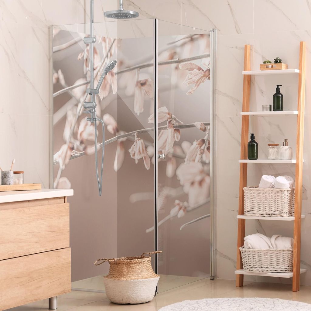 Duschrückwand mit Motiv selbstklebend - 0.61 mm Wandpaneel wasserfest Pflanzen beige Landhaus Badrückwand fugenlos Premium matt 90x190 cm