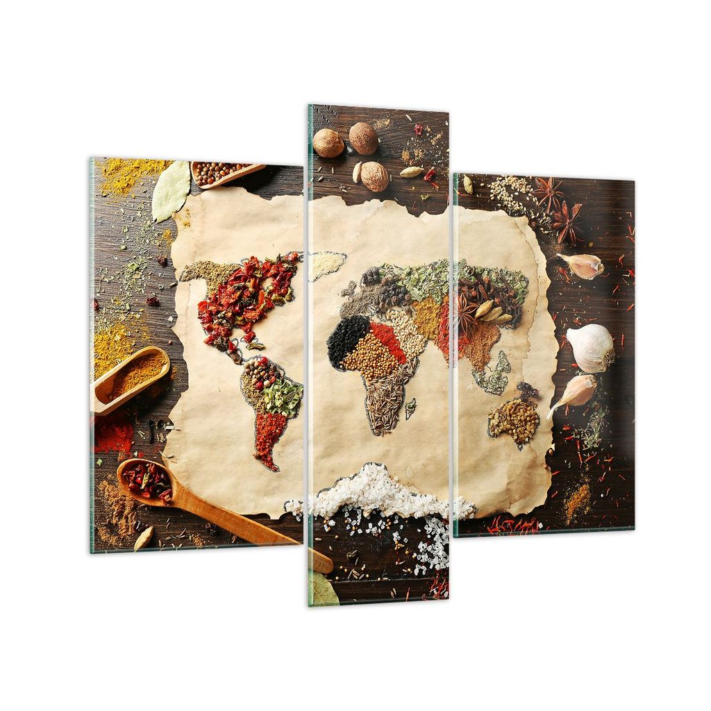 Bilder auf glas - Welt Karte Gewürze Farben - 95x80cm - Glasbilder - Wandbilder - Kunstdruck - zum Aufhängen bereit - Wanddekoration aus Glas - G...