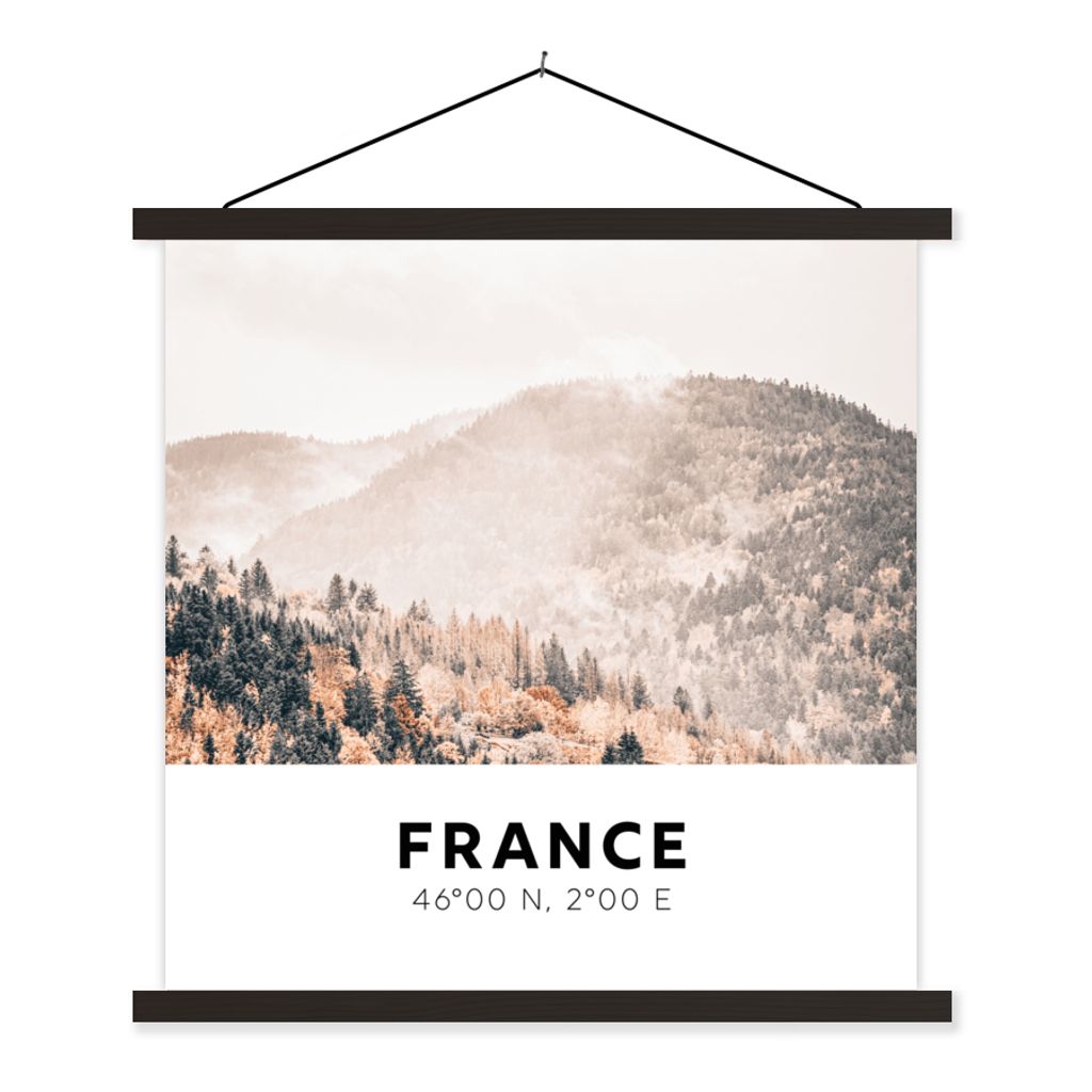 MuchoWow Textilposter Frankreich - Bäume - Nebel 120x120 cm mit schwarzem Rahmen - Aufhängungsset