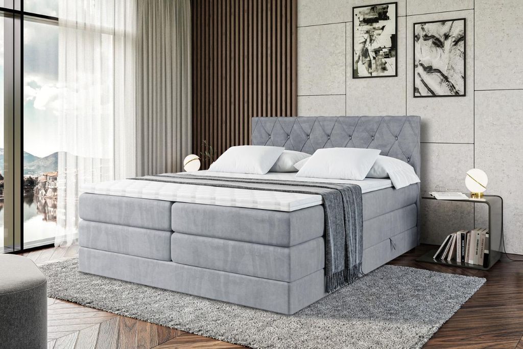 ALTDECOR Boxspringbett mit Matratze und Lattenrost - AMAY -BZ KING - 200x200 cm - Grau Samt - Topper, Polsterbett mit Bettkasten, Bett mit Stauraum...