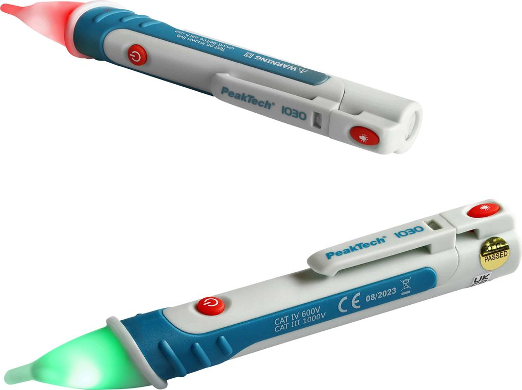 Two PeakTech 1030 AC voltage testers are shown against a white background. One tester is lit with a red LED at the tip, and the other is lit with a green LED at the tip.
