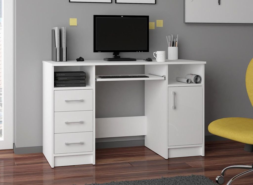 Schreibtisch – Bürotisch – Büroschreibtisch – ANA – 124 cm – Weiß / Hochglanz – Großzügiger Arbeitsbereich mit viel Stauraum