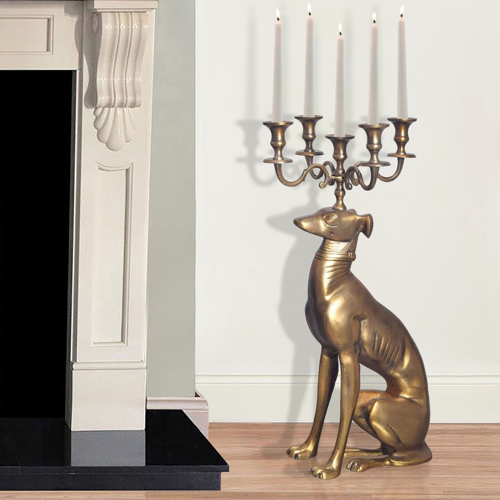 FineBuy Kerzenhalter Windhund Aluminium Gold 69 cm 5-armiger Kerzenleuchter Kerzenständer Metall für fünf Kerzen Bodenkerzenhalter Modern