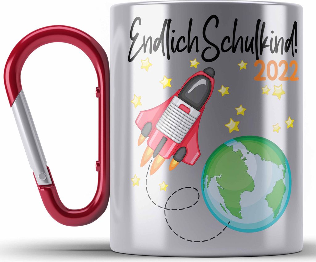 Trendation - Endlich Schulkind 2022 Einschulung Junge Mädchen Geschenk Schultüte Füllung Edelstahl Tasse Karabiner Schulstart 1. Schultag Schule...