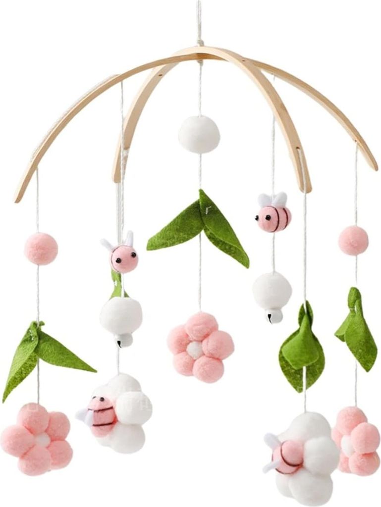 Herfair Mobile Baby Windspiele mit Filzbällen - Frische Blumen und Bienen, Kinderzimmer Hängende Bettglocke, für Babybett Wickeltisch Deko (Rosa)