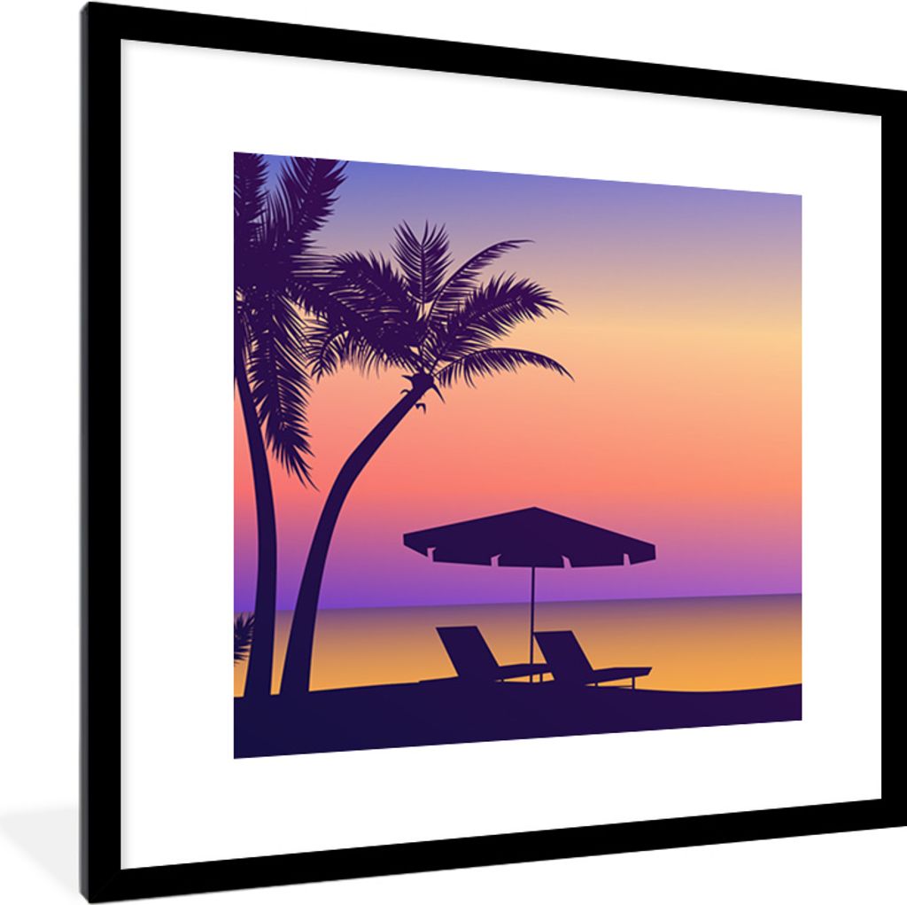 MuchoWow MuchoWow Gerahmtes Poster Strandkorb - Sonnenschirm - Nacht - Zeichnung 40x40 cm - Poster mit zchwarzem Bilderrahmen - Poster - Plakat...