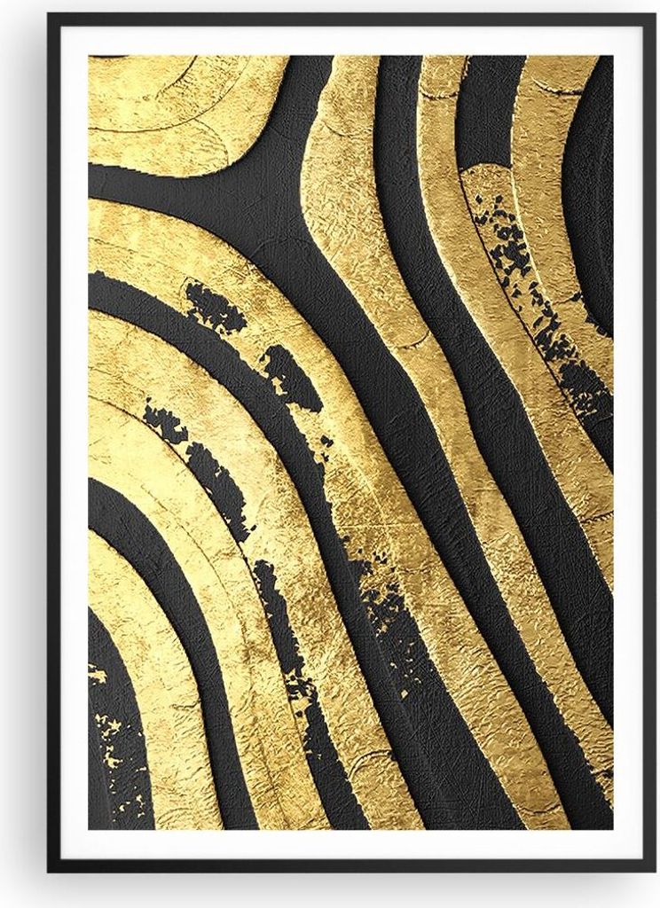 Gerahmtes Poster - Schwarzer Rahmen - Abstraktion dreidimensional Gold - 70x100 cm - Wand Bild - Wanddeko - Wandbilder - Kunstposter - Wandposter -...