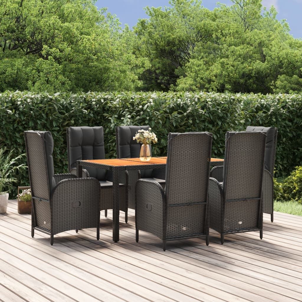 The Living Store 7-tlg. Garten-Essgruppe mit Kissen Schwarz Poly Rattan