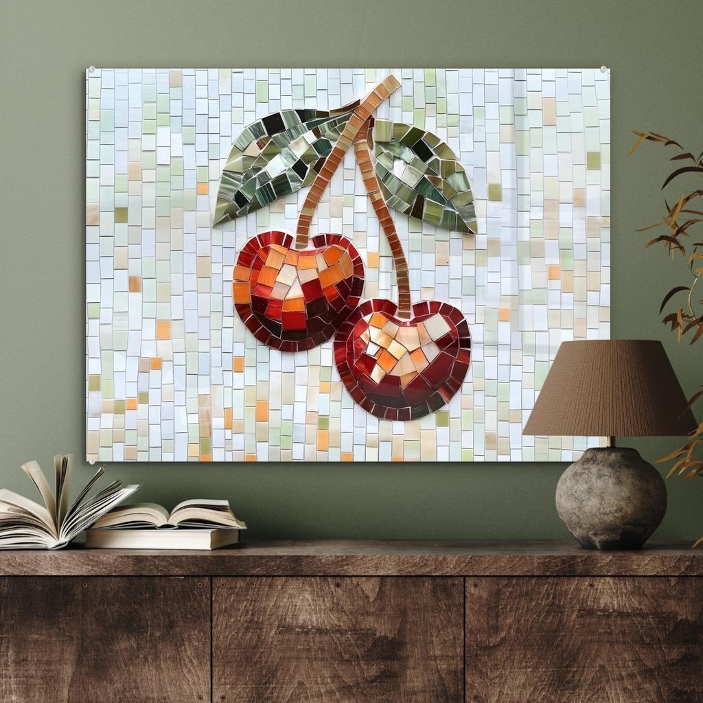 MuchoWow Glasbilder - Bilder auf Wandbild - Foto auf Glas Kirsche - Rot - Mosaik - Blätter 80x60 cm Wanddekoration aus Glas - Acrylglasbild - Acry...