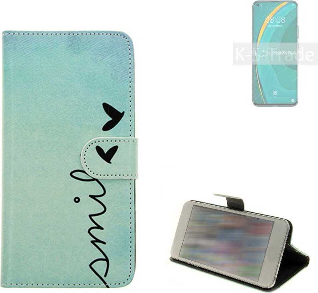 K-S-Trade Schutz Hülle Handy Hülle kompatibel mit Huawei nova 7 5G Hülle Handyhülle cover bookstyle Etui Handyhülle ''smile'' türkis