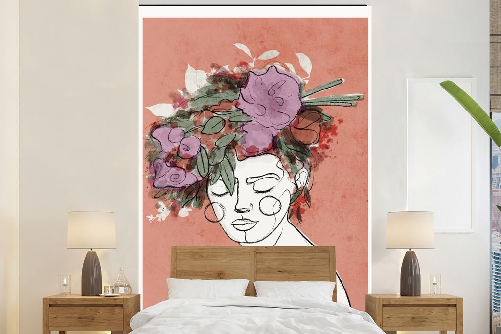 MuchoWow Fototapete für Wohnzimmer oder Schlafzimmer Wandtapete Vinyl Motivtapete Porträt - Frau - Blumen - Pastell - 225x350 cm - Schlafzimmer...