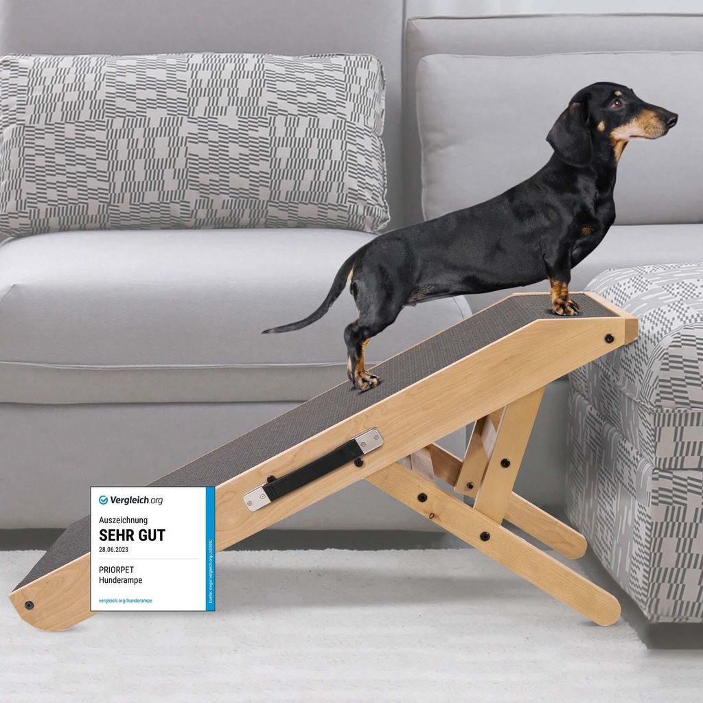 Hunderampe - Hundetreppe für kleine Hunde und große Hunde - Einstellbar 18 - 53 cm - Für Bett Sofa - Birkenholz - Landeplattform schließt nahtl...