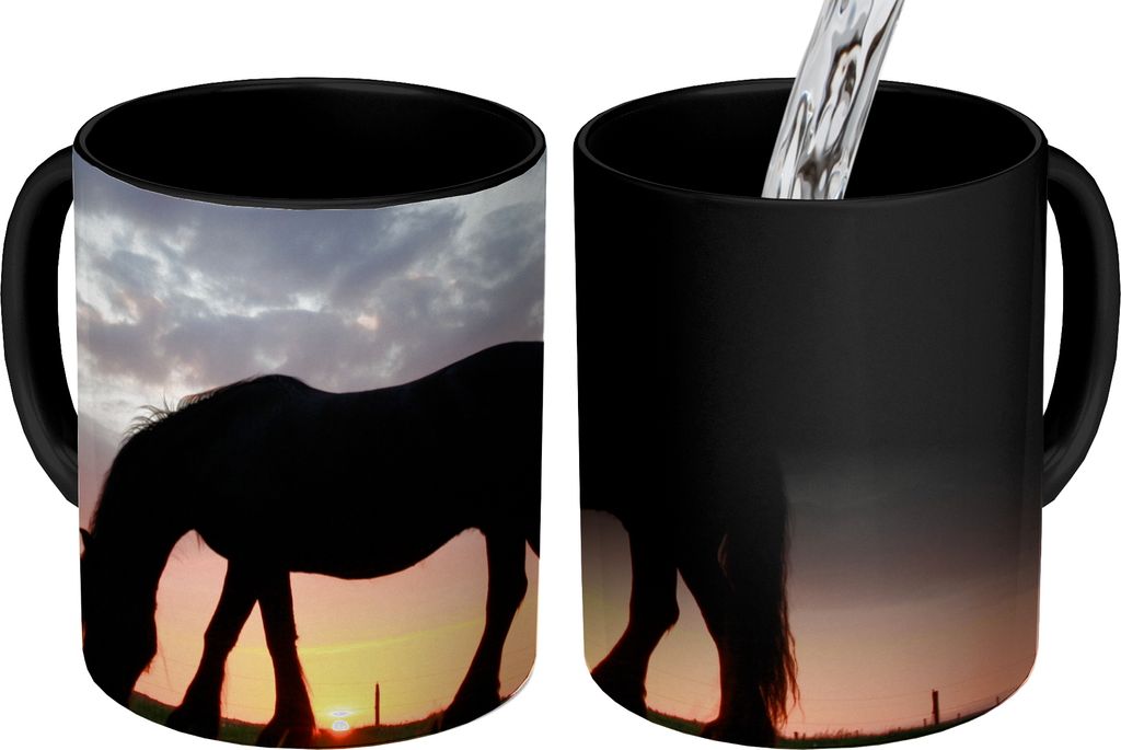 MuchoWow Zauber Tasse Zaubertasse Magic Pferde - Sonne - Wiese 350 ml Farbwechsel Becher Geschenk Geschenkidee - Magic-Tasse - Fototasse - Kerami...