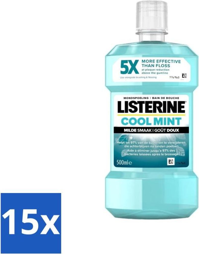 Listerine Mundwasser – Cool Mint – Milder Geschmack – 500 ml - Vorteilspack - 15 Stücke
