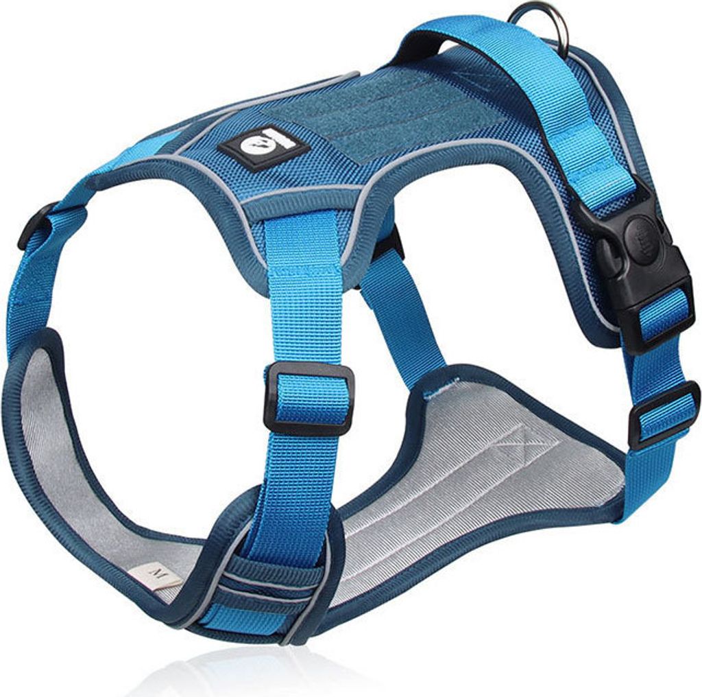 No Pull Hundegeschirr mit reflektierendem Streifen, Front-Clip-Weste mit Griff, D-Ring, verstellbare Schnalle (Blau, Größe L)
