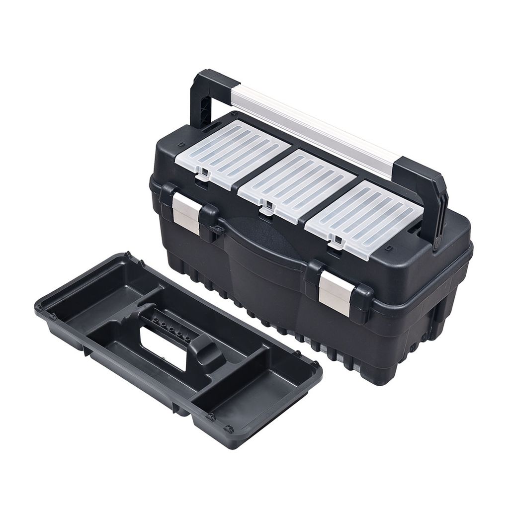 A black toolbox with a silver handle and three transparent gray compartments on top, shown with its internal tray removed.