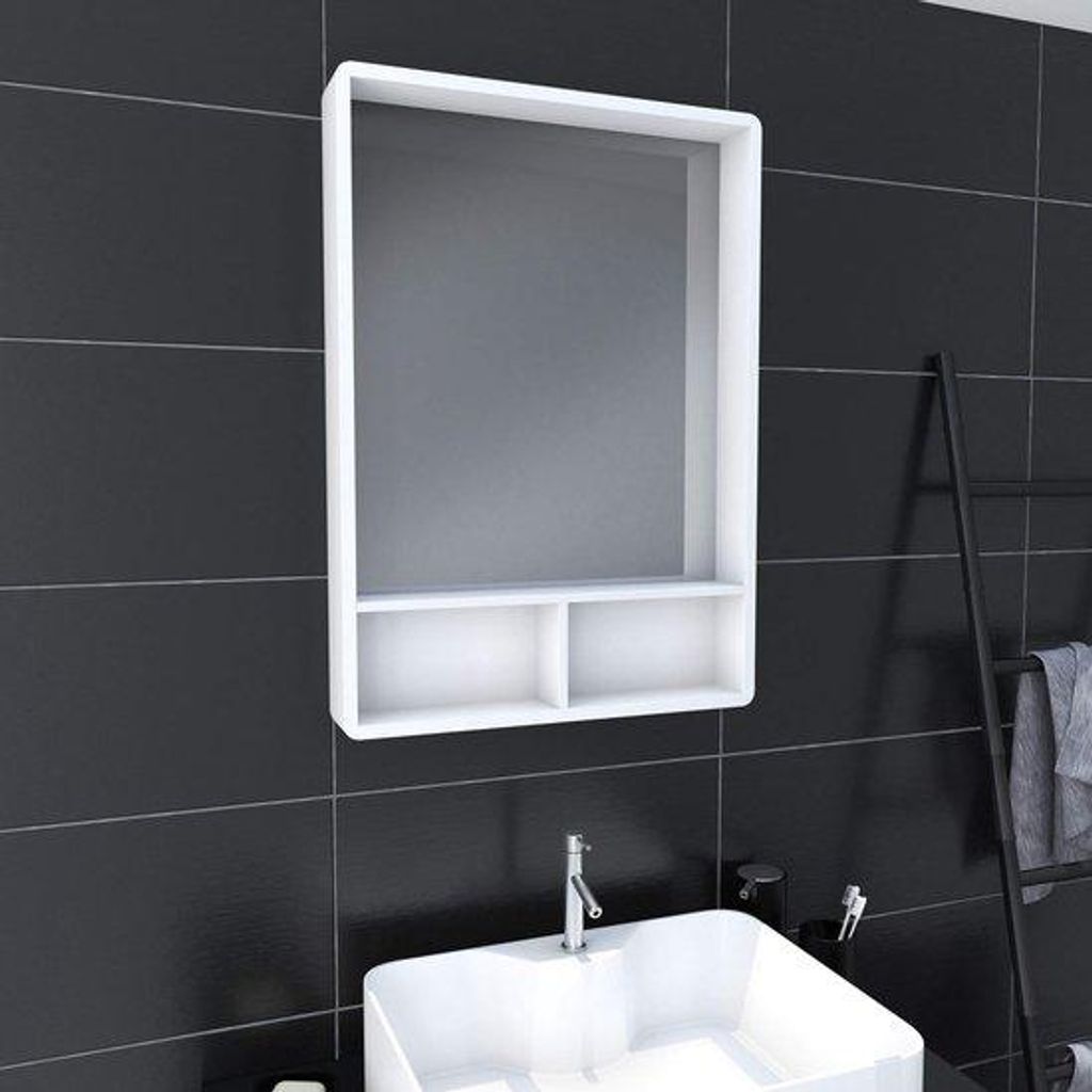 Kleiner Badezimmer Spiegel, weiß matt, Skandinavisches Design, mit drehbarem Halter und 2 integrierten Planken