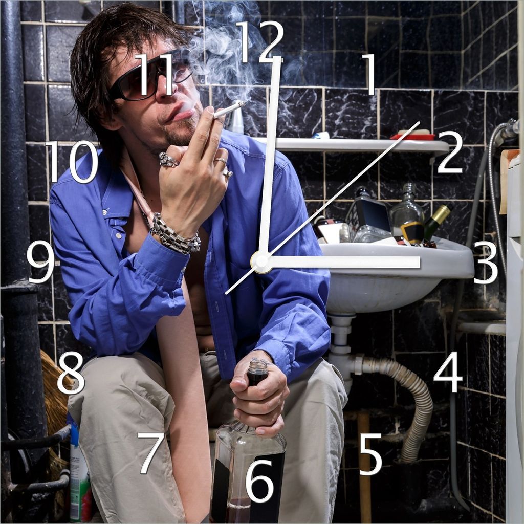 Wallario Design Wanduhr Kloparty - Sexy Mann auf Toilette mit Zigarette aus Echtglas, Größe 30 x 30 cm