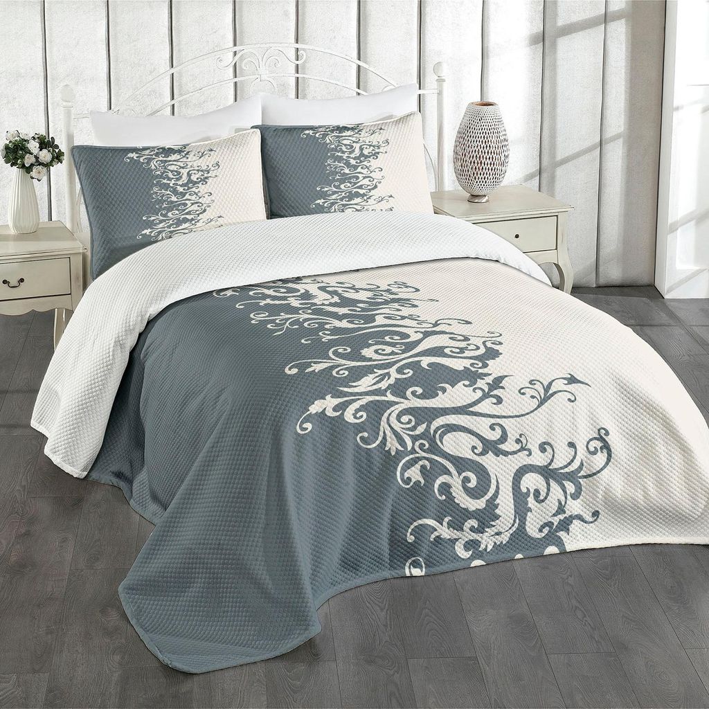 ABAKUHAUS Vintage Blumen Tagesdecke Set, Antike Verzierung in der Blumenart-alten Mode kräuselt barocke Wiederbelebung, 220 x 220 cm, Charcoal Gre...