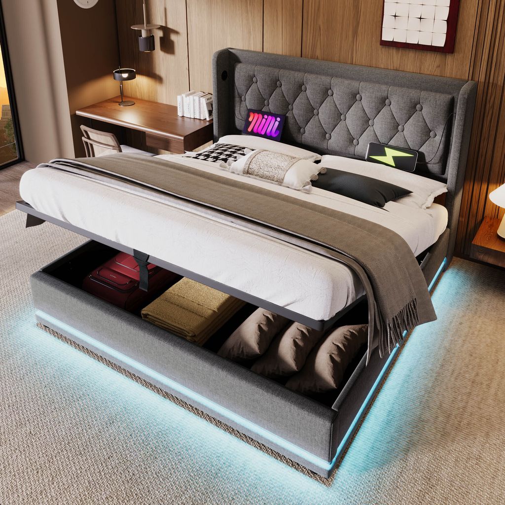 okwish Polsterbett 180 x 200 cm mit Kopfteil mit USB-Ladeanschluss und LED-Beleuchtung, Hydraulisches Stauraumbett mit Bettkasten Stauraum(mit Matr...