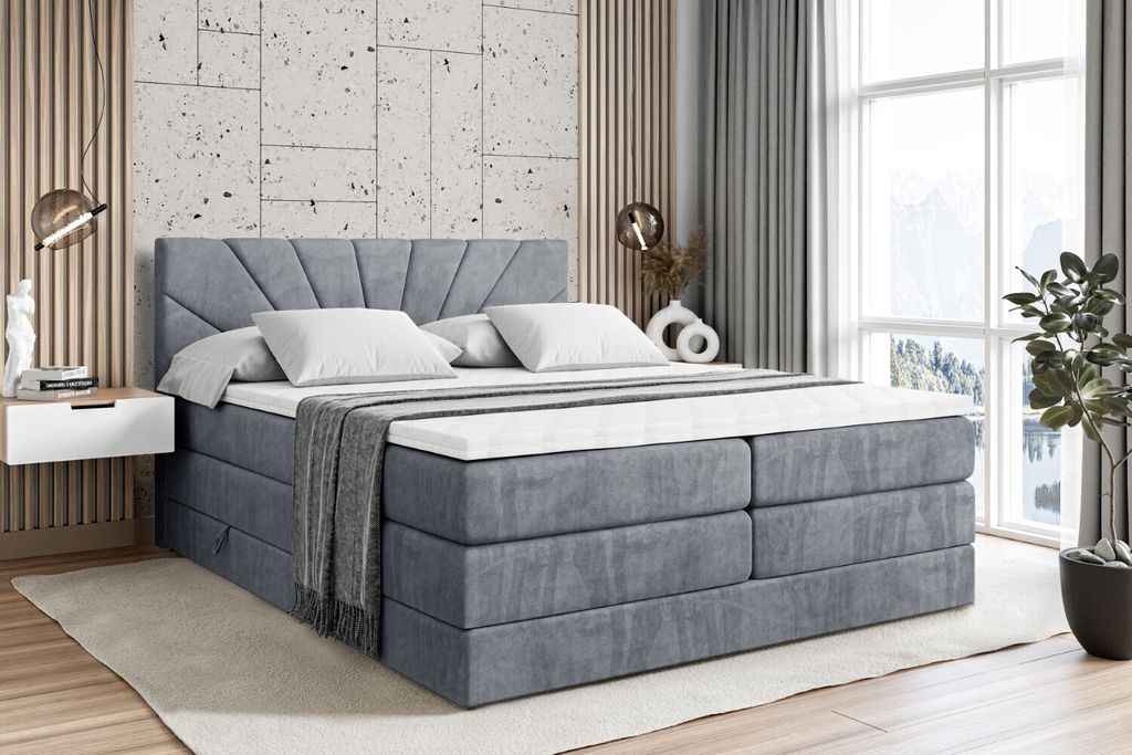 ALTDECOR Boxspringbett mit 2 Matratzen und Topper - 160x200 cm - MILTIO KING - Grau Samt - Polsterbett mit, H3- und H4- Matratzen, Bettkasten und L...
