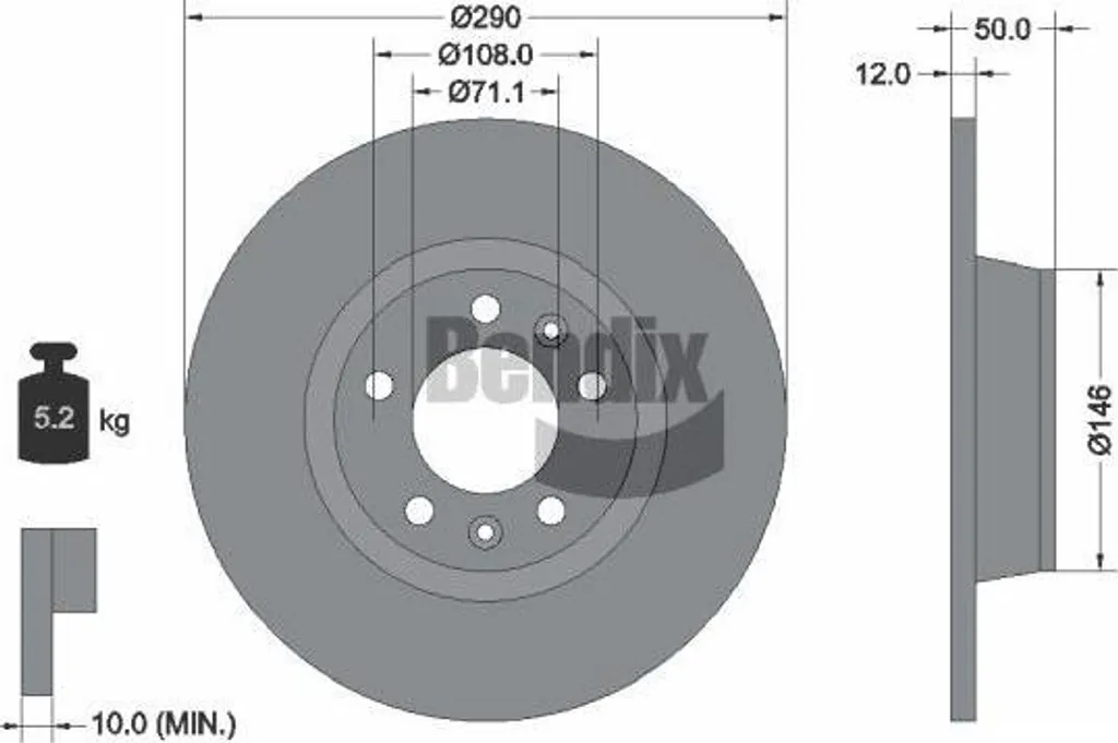 Disque de Frein Plein Arrière Bendix BDS2121 pour Peugeot 407 et SW 2.0