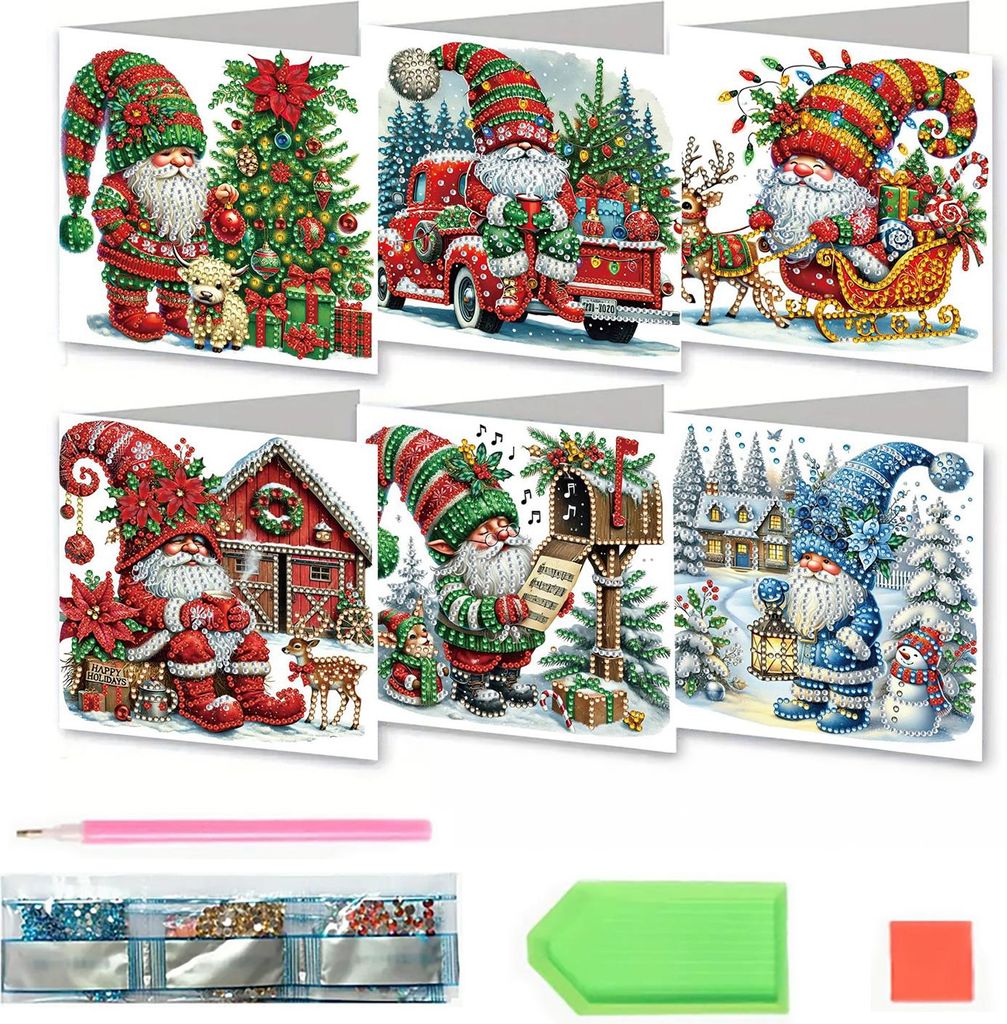 6-teiliges Set zum Selbermachen von Strass-Kunst-Malkarten, Weihnachtsgrußkarten-Bastelset mit Umschlägen, 5D-Strassmalerei mit Schneemann, Katze...