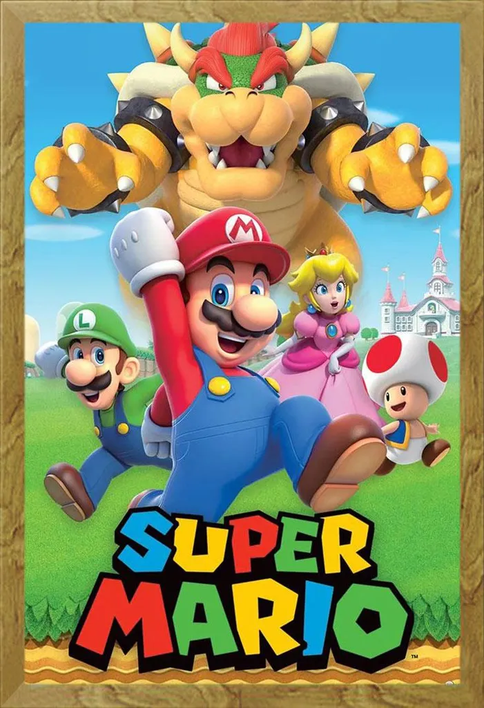 Super Mario - Poster - Montaggio personaggi + cornice rimovibile, Shinsuke® Maxi MDF oak, vetro acrilico