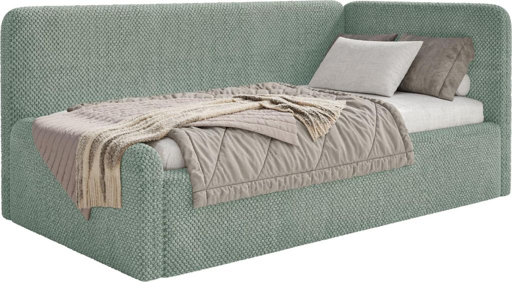 Selsey Fanko – Jugendbett 90x200 cm mit Rausfallschutz, Matratze, Kopfteil rechts, Plüsch, Salbeigrün