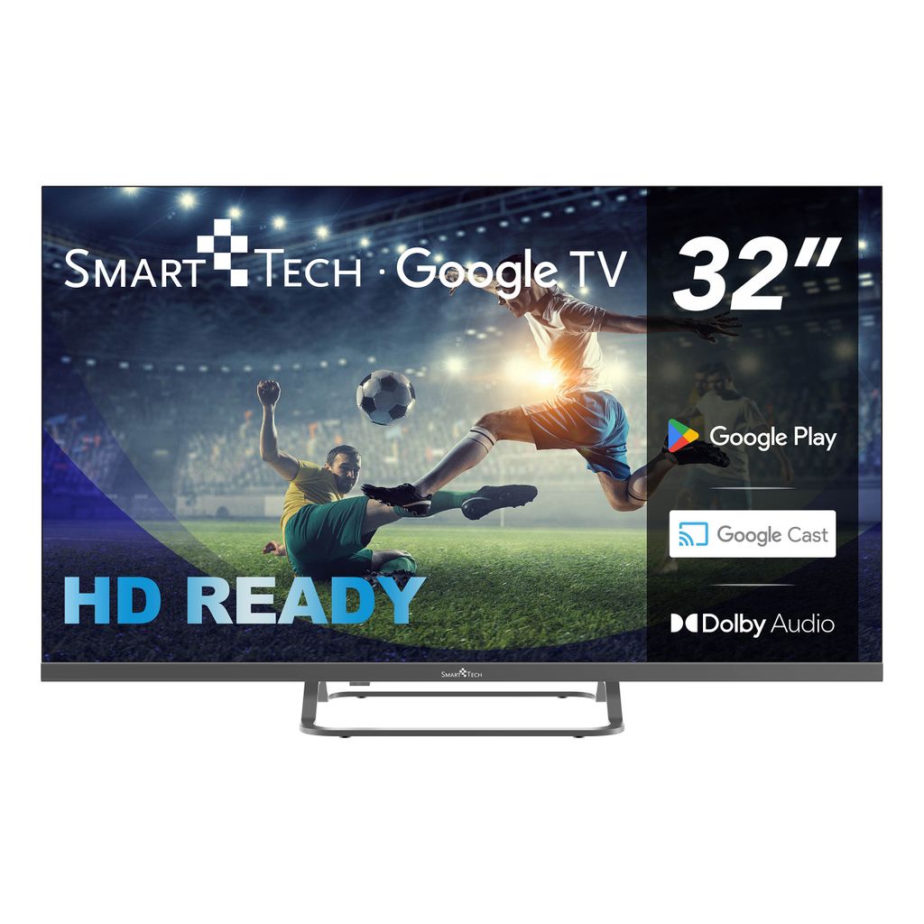 A television screen displaying a soccer match, with promotional text and logos.