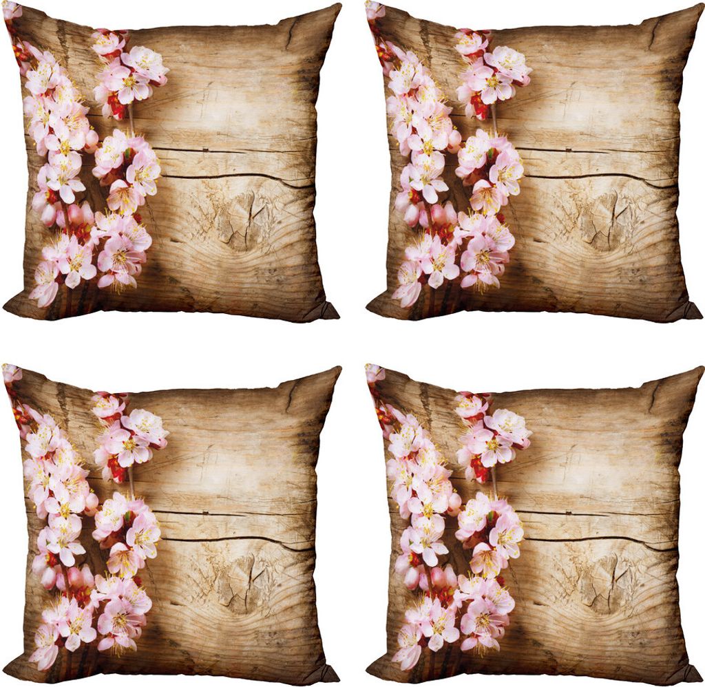 ABAKUHAUS Blumen Kissenbezug Set (4 Stück), Spring Blossom Orchard, Moderner Doppelseitiger Digitaldruck, 45 cm x 45 cm, Sand Braun Hellrosa