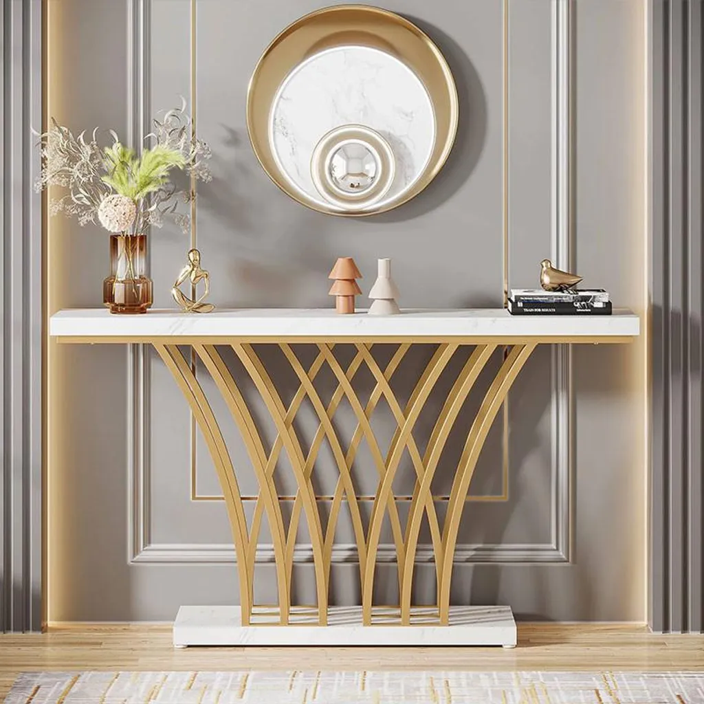 Table d'Appoint Longue 150 cm avec Structure Dorée et Plateau Blanc